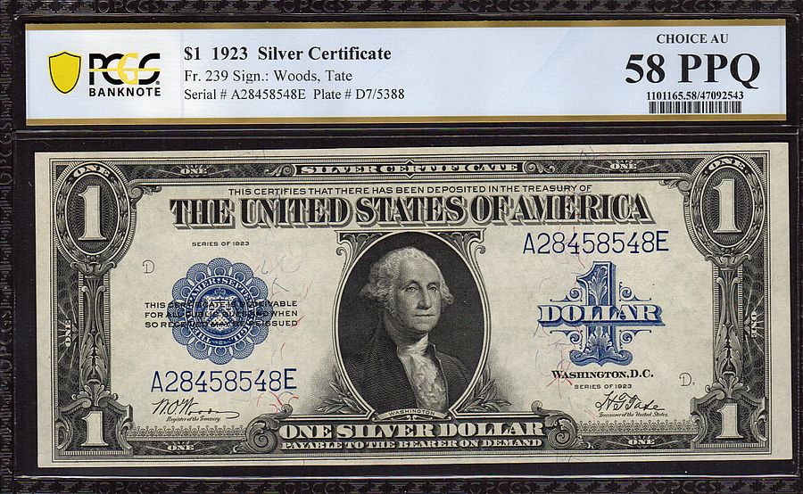 Fr.239, 1923 $1 Silver Certificate, Woods-Tate Signatures, PCGS(B)58-PPQ